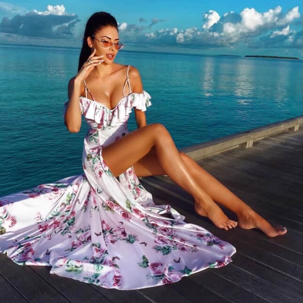 Floral Off-Shoulder Pink Maxi Dress with Side Slit